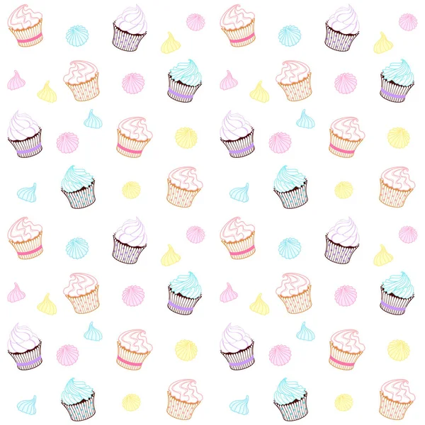Muffins Coloridos Cupcakes Merengues Fundo Branco Padrão Sem Costura Vetorial — Vetor de Stock