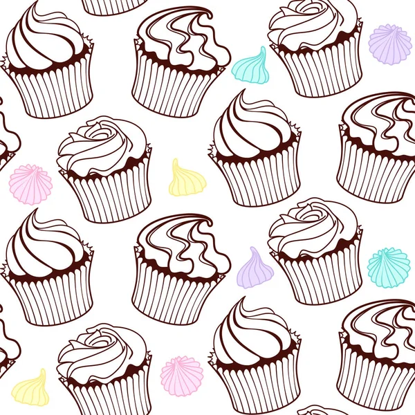Braune Muffins Cupcakes Und Bunte Kleine Baiser Auf Weißem Hintergrund — Stockvektor