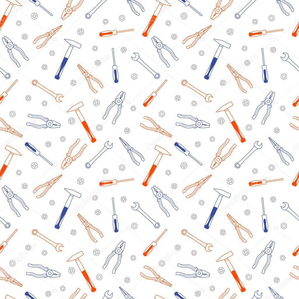 Working tools for repair and construction. Design template for construction concept. Vector seamless pattern for construction store, repair tool store, repair center, printing on packaging, fabric and textile