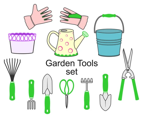 一套园艺工具和用品 农具在白色背景上 园艺店 花园中心设计的装饰元素 设定园艺概念 图形矢量图像 — 图库矢量图片