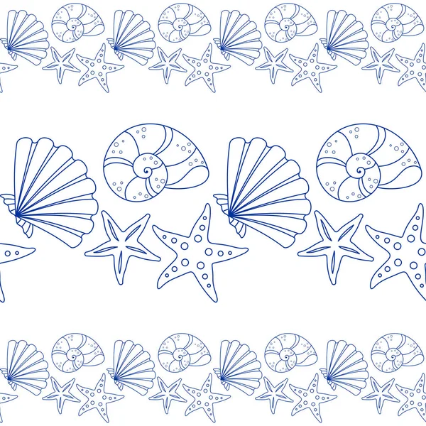 Απρόσκοπτη Οριζόντια Περίφραξη Μπλε Κοχύλια Και Αστερίες Λευκό Φόντο Vector — Διανυσματικό Αρχείο