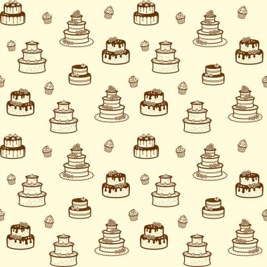 Çörekler, farklı düğünler, çiçekli doğum günü pastaları, yıldızlar, kremalar. Pastane, kafe, şekerci dükkanı, pastane, şekerci, ambalaj, ambalaj, ambalaj ve menü için vektörsüz şablon. Tasarım şablonu