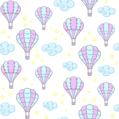 Süslü sıcak hava balonları. Kalpleri ve boncukları beyaz arka planda bulutlar ve yıldızlarla. Tebrik kartı, çocuk duvar kağıdı, ambalaj kağıdı, ambalaj, kıyafet baskısı, kumaş ve tekstil için vektörsüz desen. Tasarım şablonu