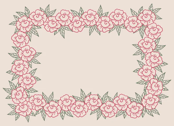 抽象的なピンクのバラの花のフレームの境界線と背景ベージュの背景に葉が付いています ホリデーグリーティングカードやバナーのデザインテンプレート — ストックベクタ