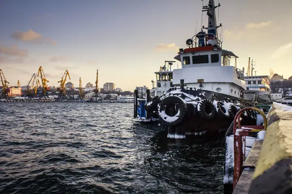 De sleepboot is op de pier in de haven. — Stockfoto