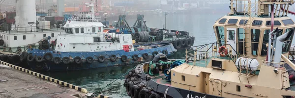 Panorama: Nahaufnahme des Frachthafens im Nebel. Schlepper, Schwimmkran, Trockenfrachter, Lastkahn und andere Infrastruktur des Hafens. — Stockfoto