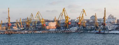 Kış deniz Liman Panoraması. Liman Vinçleri ve karda iskelede römorkör