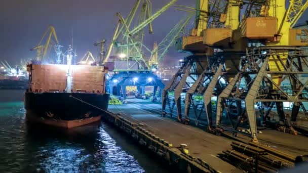 时间间隔 散装货船停泊在码头的货运作业 港口的大型货运站 夜间从陆路运输到船舶的谷物大宗转运 农产品运输 — 图库视频影像