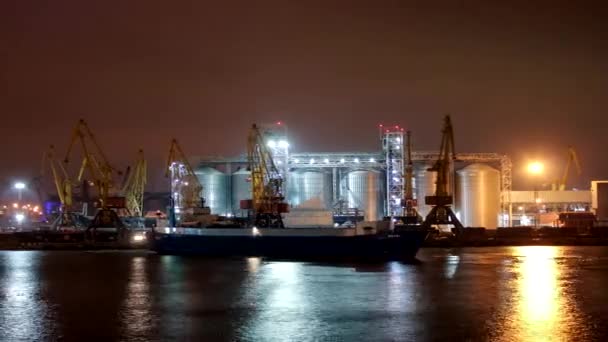 2019年11月6日 夜に港で乾式貨物船係留 シーポートの大きな貨物ターミナル 夜間に道路輸送から船舶への輸送を一括輸送します タイムラプス — ストック動画