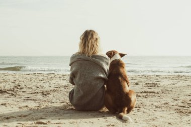 Genç bir kadın sahilde oturmuş köpeğe sarılıyor. Arkadaşlık kavramı. Kadın ve köpek kumsalda birlikte oturup güneşin doğuşunun tadını çıkarıyorlar. Arka plan görünümü renklendirilmiş resim