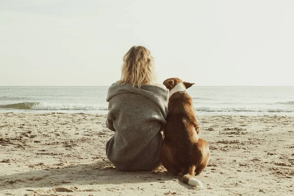Genç bir kadın sahilde oturmuş köpeğe sarılıyor. Arkadaşlık kavramı. Kadın ve köpek kumsalda birlikte oturup güneşin doğuşunun tadını çıkarıyorlar. Arka plan görünümü renklendirilmiş resim