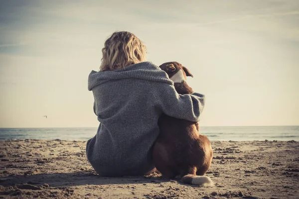 Genç bir kadın sahilde oturmuş köpeğe sarılıyor. Arkadaşlık kavramı. Kadın ve köpek kumsalda birlikte oturup güneşin doğuşunun tadını çıkarıyorlar. Arka plan görünümü renklendirilmiş resim