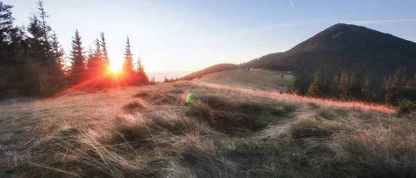 Panorama Alpine Landscape Mountain Peak Meadow Sun Rays Spring Landscape — Stock Photo, Image