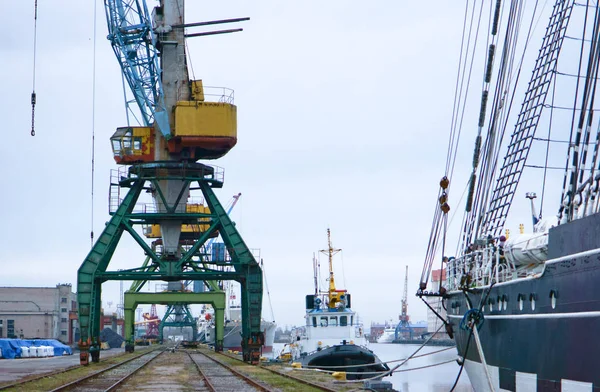 Porto marítimo, guindastes portuários, guindaste de pórtico, porto russo sem gelo no mar Báltico Kaliningrado — Fotografia de Stock