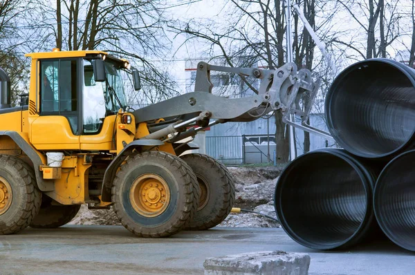 Tuyau, chargeur, chariot élévateur, bulldozer, lourd, travail, diamètre, grand — Photo