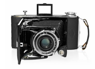 Eski, antik, siyah, cep kamera, önden görünüm.