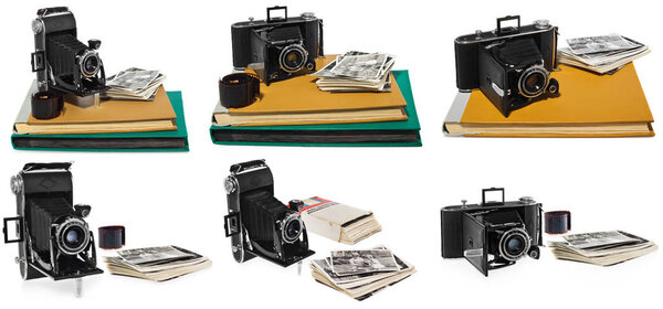 Set of photos, antique, black, pocket camera, old  photo albums, retro black and white photographs, historic negative for the camera.