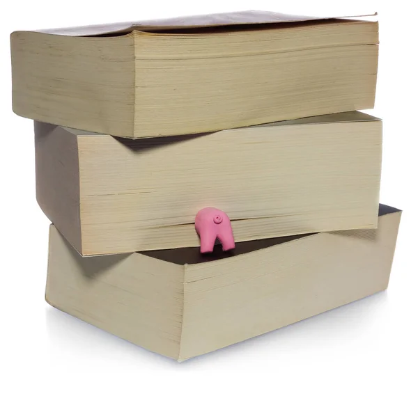 Pink ass pig,  half funny pet working as a bookmark. — Stock Photo, Image
