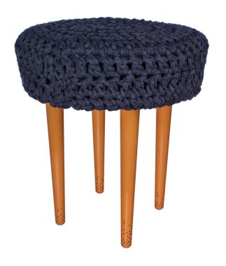 El yapımı dışkı sarı siyah noktalar ile. Yuvarlak mavi materi koltukta