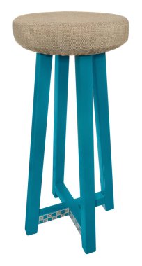 El yapımı dışkı ahşap turkuaz beyaz desenleri ile. Yuvarlak koltuk 