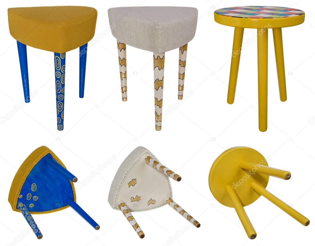 Handmade stool wooden multicolored patterns. Multicolor seats of