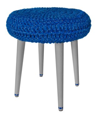 El yapımı dışkı ahşap gri mavi desenli. Bl ile yuvarlak koltuk