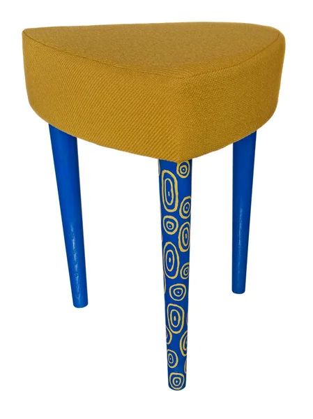 Handmade stool wooden blue with yellow patterns. Triangular seat — Stock Photo, Image