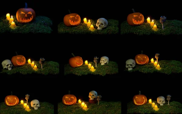 Calabaza de Halloween, cráneo humano, cráneo de animal, copa y velas —  Fotos de Stock