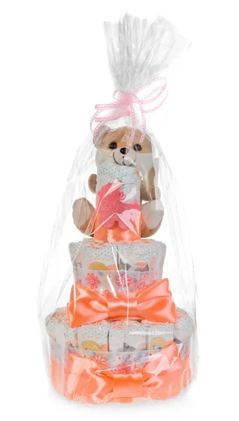 Pastel de pañales de cumpleaños decorado con lazo, zapatos para niños, carrito —  Fotos de Stock