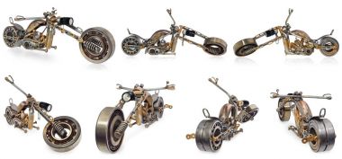 El yapımı motosiklet, helikopter, metal parçaların oluşan kruvazör b