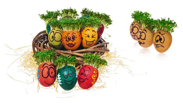 Handpainted Easter eggs in funny scared and surprised cartoonish