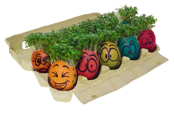 Wielkanoc jajko malowane w zabawny uśmiechniętą twarz i kolorowe wzory — Zdjęcie stockowe