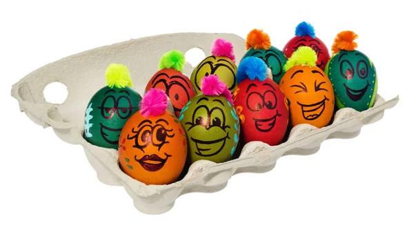 Ostereier, handbemalt mit lächelnden und verängstigten Karikaturen — Stockfoto
