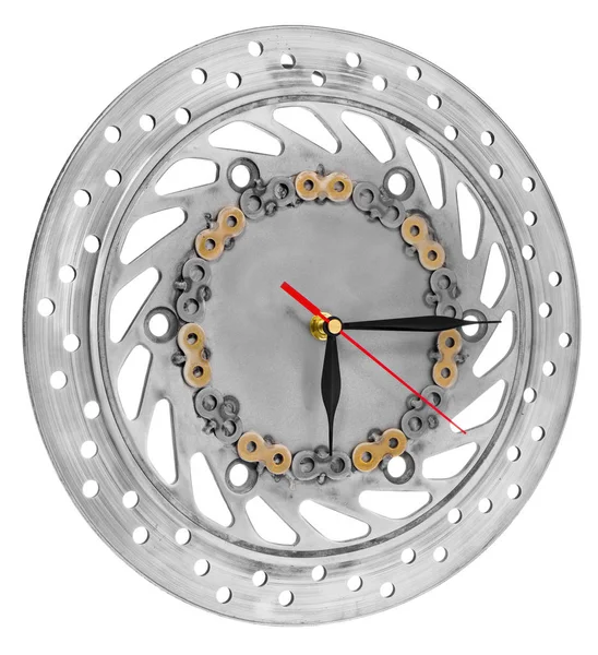 Handmade clock made of motorcycle parts. A clock face made of a — Stock Photo, Image