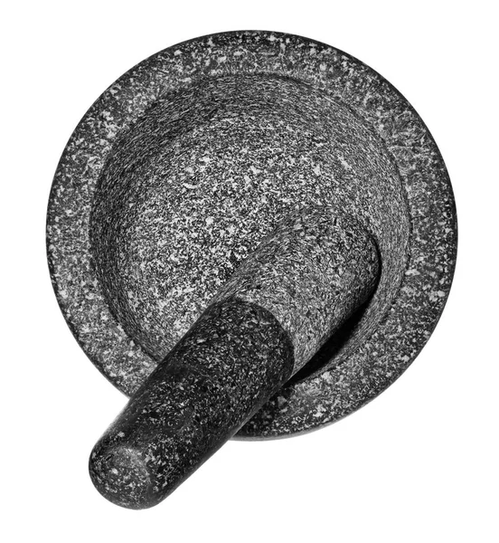 Granitmörtel mit Stößel. leere Zerkleinerungsschale, isoliert auf einem — Stockfoto