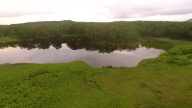 Göl üzerinde uçan. Helikopter ileriye doğru uçar ve ağaçlara uçar