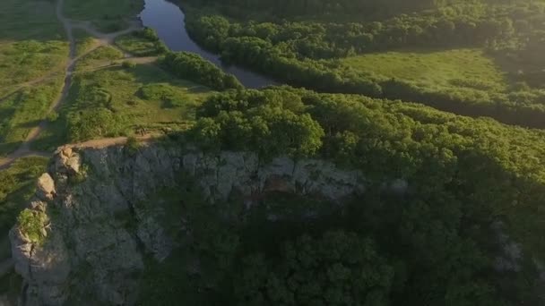 Вид з повітря. Коптер летить навколо скель до лісу — стокове відео