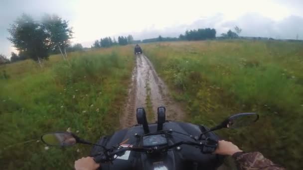 Проезд на квадроцикле по сельской дороге через лес — стоковое видео