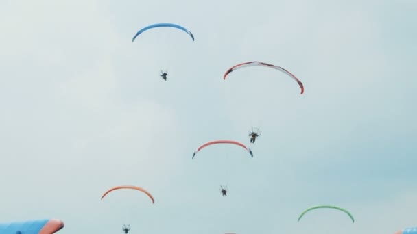 El parapente vuela sobre la tierra. Parapente. Parapente accionado volando en el cielo. Paracaídas — Vídeos de Stock