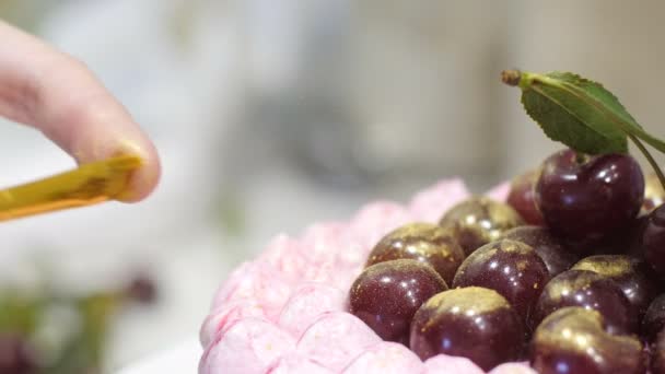 Cucinare una torta per una vacanza. Cuocere la torta per il compleanno. Il cuoco prepara pasticcini. Crema di torta — Video Stock