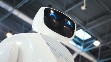 İş yerinde sergiler için promo robot. Robot Kılavuzu. Modern teknolojiler reklam, promosyon ve tanıtım. Modern robotik teknolojiler. Robot kişi kameraya bakar. duygular