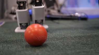 Moskova, Rusya - 15 Ekim 2017: Robotik. Robotlar futbol oynuyorum. Siber oyunları Şampiyonası. Oyun endüstrisi ve hareket siberuzayda izleme. Adam yenilikçi gözlük ile mekanik hareketi oluşturur