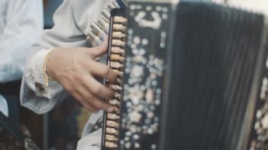 Yetişkin bir adam bir akordeon bir ulusal kostüm çalış. İskambil müzik dörtlüsü. Müzisyenler konserde gerçekleştirin. Müzisyen akordeon çalıyor. Sokak müzisyenleri.