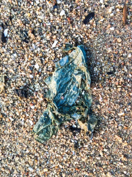 Используется пластиковый мешок на пляже, загрязнение пляжа — стоковое фото