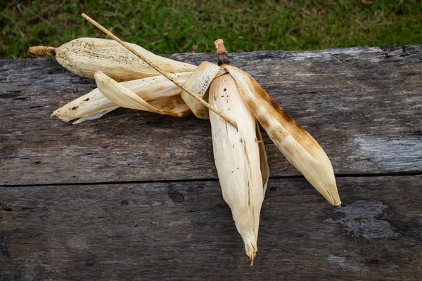 Jamur Mengeringkan Tongkol Jagung Dengan Tusuk Jamur Pada Latar Belakang — Stok Foto