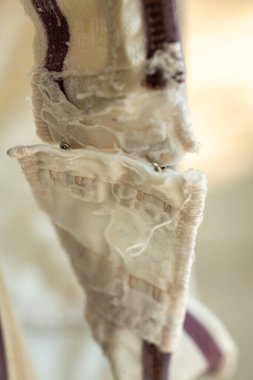 Eski sutyen yıpranmış ve düzensiz, bulanık arkaplan, Makro görüntüyü kapat, Seçici odak