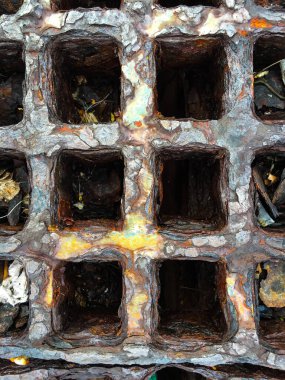 Kare paslı metal drenaj dokusu arka planı, Makro çekimini kapat, endüstriyel malzeme