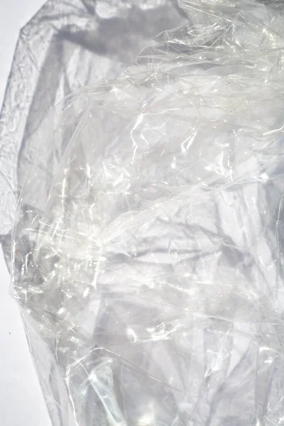 Abstract Crumpled Transparent Plastic Bag Texture White Background Close Macro — Stock Photo, Image