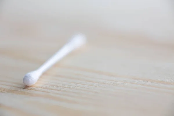 One White Plastic Cotton Buds Wood Table Texture Background Close — Foto de Stock