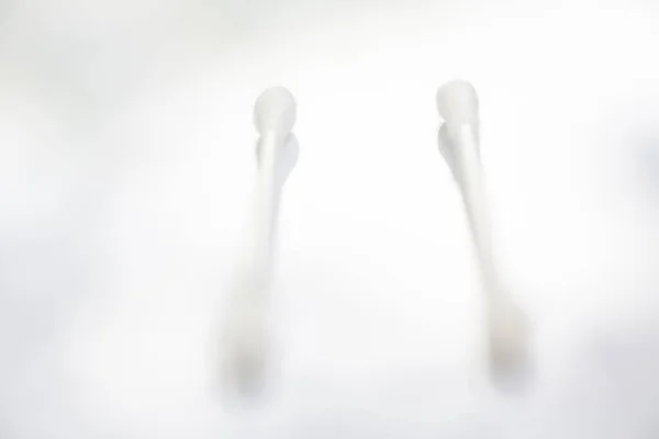 Blurred Two White Plastic Cotton Buds White Table Texture Background — Foto de Stock